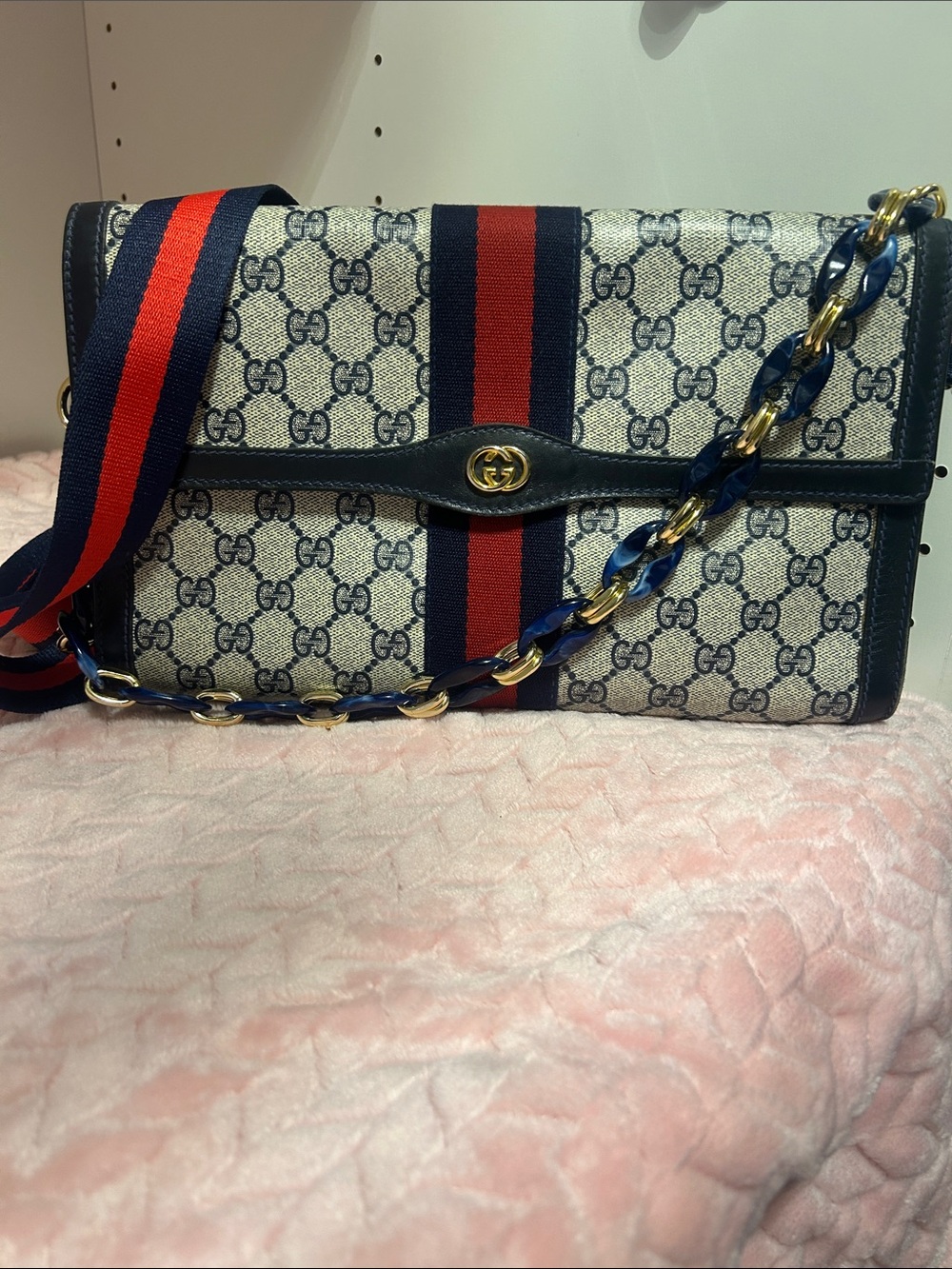 Gucci vintage Sherry line clutch Navy & Red Stripe GG -w/conversion kit